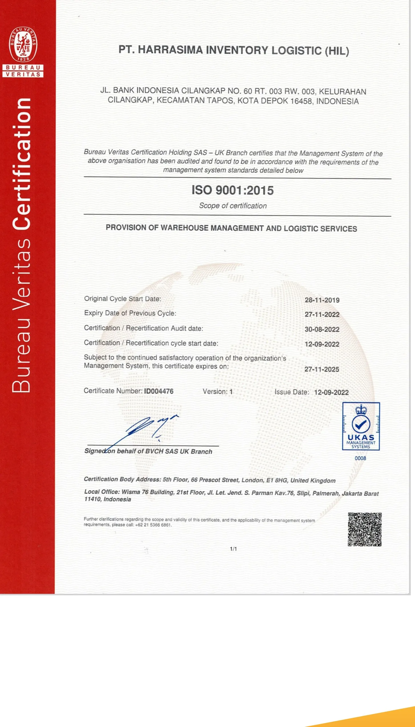 ISO 9001:2015 Quality Management certificate issued to PT Harrasima Inventory Logistic